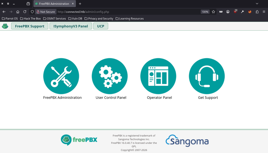 FreePBX administration landing page