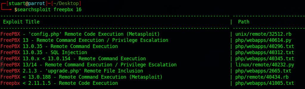 searchsploit results for freepbx 16