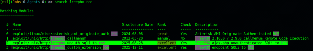 msfconsole search freepbx rce showing the unauth SQLi to RCE module