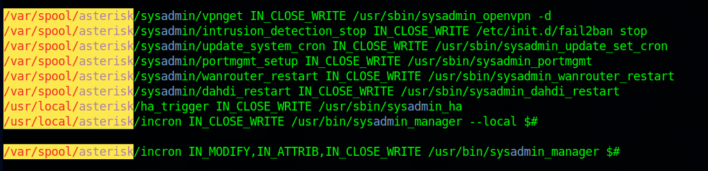 linpeas output highlighting the incron rules in yellow