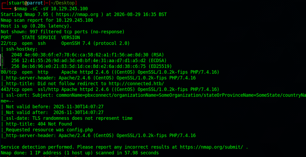nmap -sC -sV output showing SSH, HTTP and HTTPS open
