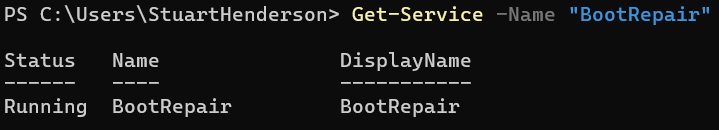 PowerShell Get-Service BootRepair shows the BootRepair service with status Running.