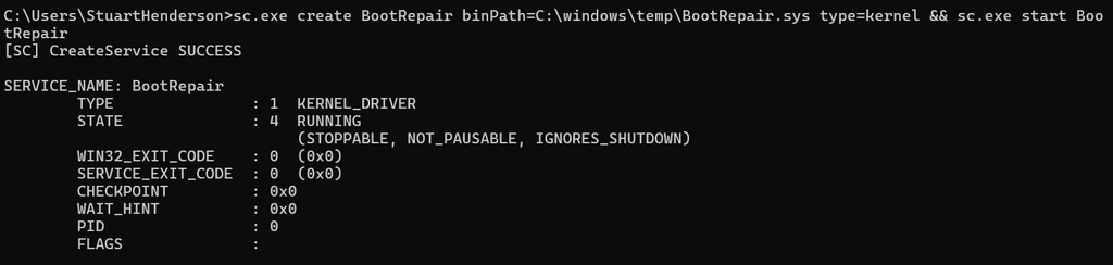 Command Prompt: sc.exe create BootRepair with type=kernel returns CreateService SUCCESS, and the service query reports TYPE 1 KERNEL_DRIVER and STATE 4 RUNNING.