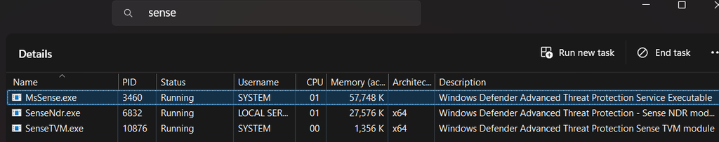 Task Manager Details tab filtered on sense, showing MsSense.exe running as SYSTEM under PID 3460, described as the Windows Defender Advanced Threat Protection Service Executable.