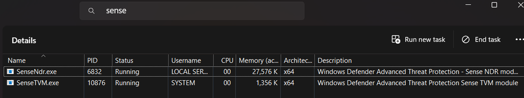 Task Manager Details tab filtered on sense, with MsSense.exe no longer listed; only SenseNdr.exe and SenseTVM.exe remain running.