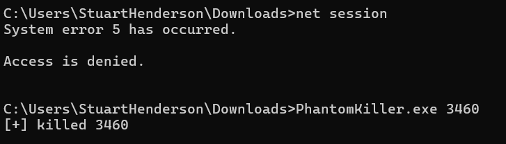 Command Prompt: net session returns System error 5, Access is denied, confirming a non-administrative context, followed by PhantomKiller.exe 3460 reporting [+] killed 3460.
