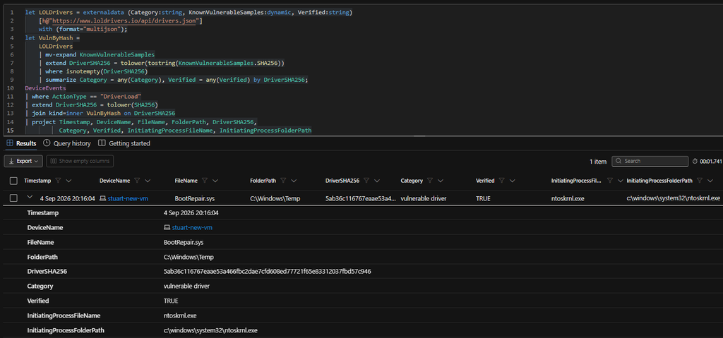 Defender advanced hunting returning one result: BootRepair.sys in C:\Windows\Temp, DriverSHA256 5ab36c..., Category vulnerable driver, Verified TRUE, initiated by ntoskrnl.exe.